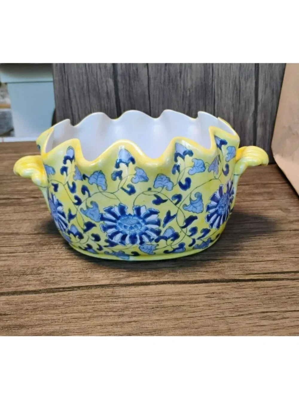 Vintage Andrea by Sadek Chinoiserie Footbath Bowl, Yellow Blue Porcelain Planter